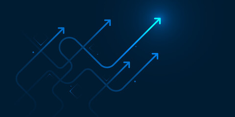 Glow up devious arrows on dark blue background with copy space business growth concept