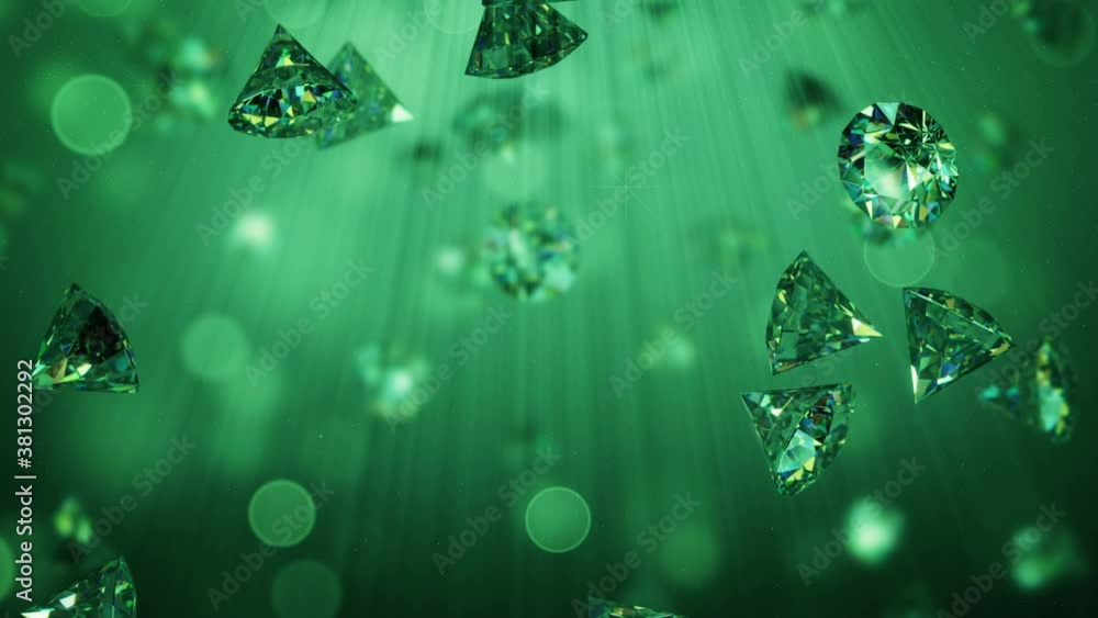 Poster emerald green brilliants are falling. 3d render seamless loop animation