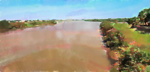 watercolor illustration: Confluence of the White Nile and the Blue Nile, view from the bridge from Khartoum to omduram in Sudan, Africa