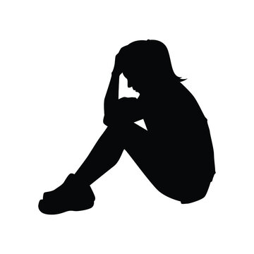 recommend clip art: Sitting sad woman silhouette vector, person isolated in black and white.