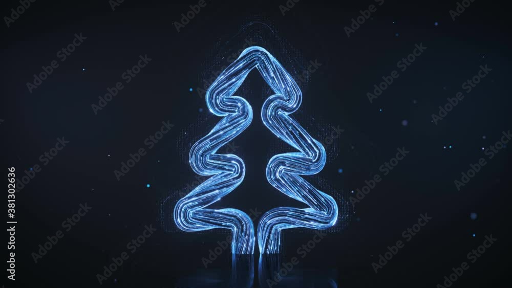 Poster christmas tree of blue light trails. 3d render seamless loop animation