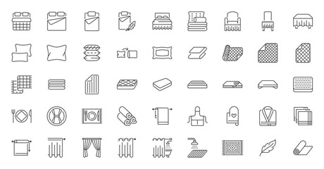 Bedroom linen flat line icons set. Double bed, cushion, blanket, sheets, pillow, mattress topper, curtain, bathrobe vector illustrations. Outline signs of house textile, editable stroke