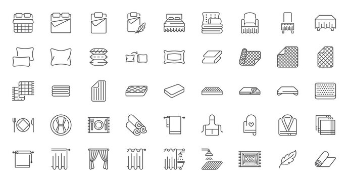 Bedroom linen flat line icons set. Double bed, cushion, blanket, sheets, pillow, mattress topper, curtain, bathrobe vector illustrations. Outline signs of house textile, editable stroke