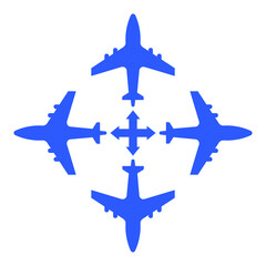 Airplanes in different directions blue on a white background, sign for design, vector illustration