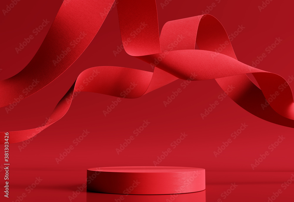 Poster abstract product display podium on red background. 3d render