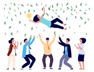 People tossing woman in air. Business team celebrating victory, final successful project or investments. Money rain, happy man woman winners vector illustration. Throw up woman, celebration and award