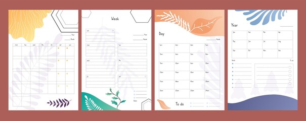 Planners set. To do lists, weekly and daily schedule template, year plan form vector illustration. Organizer calendar, to do paper list, weekly and year