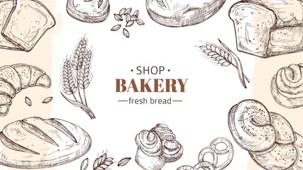 Sketch bakery background. Bread, fresh buns and rolls, wheat ears banner. Fresh food shop or cafe vector illustration. Sketch bakery, food bread and croissant