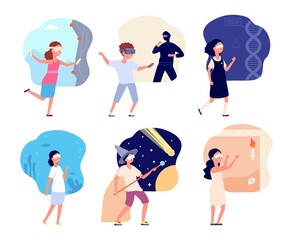 Virtual reality world. Children VR glasses, kids play and studying in augmented space. Games and education video programs vector set. Virtual entertainment, education and new experience illustration