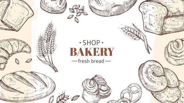 Sketch bakery background. Bread, fresh buns and rolls, wheat ears banner. Fresh food shop or cafe vector illustration. Sketch bakery, food bread and croissant