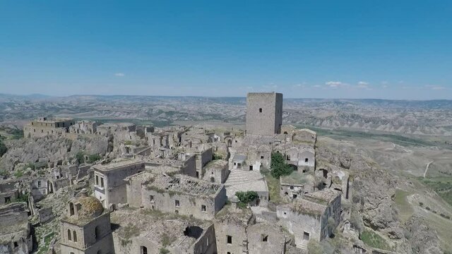 Aerial view of the ruins of the ancient city of Craco, Italy