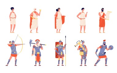 Fototapeta na wymiar Ancient rome. Ancients people, isolated roman empire character. History greek medieval person, cartoon historical warrior emperor vector set. Ancient traditional citizen, roman and gladiator