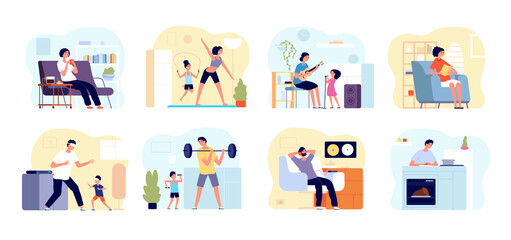 Family leisure home. People cooking, painting play with children. Father boy relax, parents child together game hobby at house vector set. Activity playing family, entertainment indoor illustration