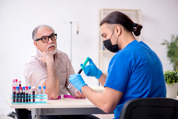 Old patient visiting young male doctor in blood transfusion conc