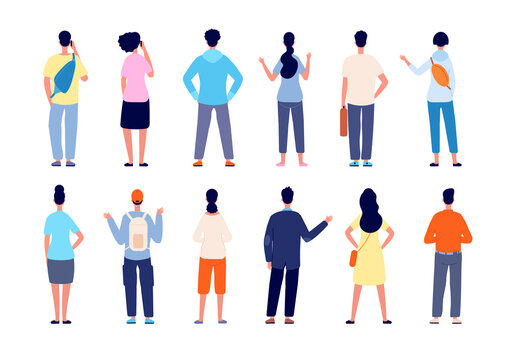 People back view. Man standing, isolated persons from backs. Flat office team backside, diverse young male female casual vector characters. Backside various people, human group standing illustration