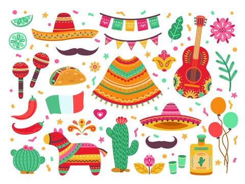 Cinco de mayo. Guitar party, isolated mexican fiesta decoration. Sombrero cactus, latin birthday fest elements, spanish pinata vector set. Fiesta mexican, guitar and pepper illustration