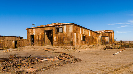Dilapidated nitrate-era building in the ghost town of Humberstone in the Atacama Desert in northern...