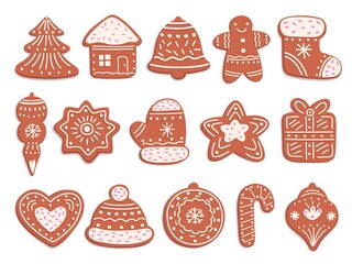 Gingerbread cookies. Christmas bread, ornament ginger biscuits with glaze decoration. Isolated holiday sweet cakes, xmas pastry vector set. Collection gingerbread, christmas sweet food illustration