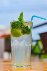 Cold summer fruit and berries lemonade. Mojito lemonade in a glass with a plastic straw outside.