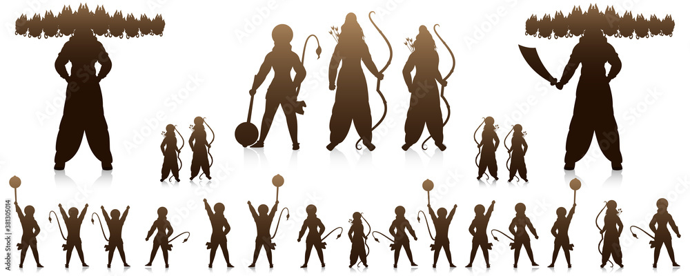 Canvas Prints silhouette army of lord rama as laxman, hanuman, vibhishana, other fighter fighting with demon ravan