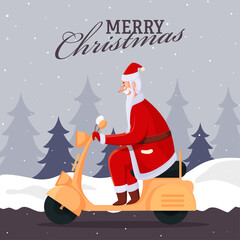 Illustration of Cheerful Santa Claus Riding Scooter on Winter Landscape Background for Merry Christmas Celebration.