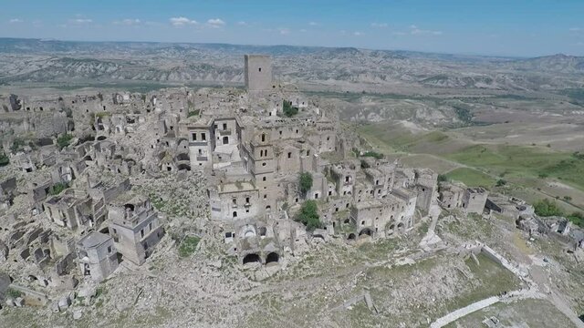 Aerial view of the ruins of the ancient city of Craco, Italy