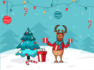 Cartoon Reindeer Character with Gift Boxes, Xmas Tree, Hanging Baubles, Candy Cane and Lighting Garland Decorated on Snowy Blue Background.