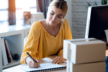 Beautiful freelance business woman seller writing new ideas in a notebook while working with...