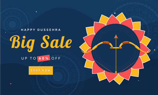 Happy Dussehra Big Sale Banner Design with 60% Discount Offer and Bow Arrow on Blue Mandala Pattern Background.