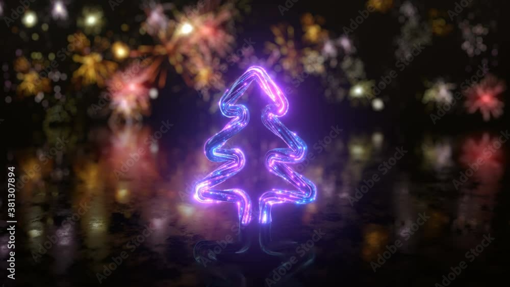 Poster christmas tree of neon light trails. the last 10 seconds are loopable. 3d render animation