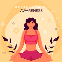 Fototapeta na wymiar Mental Health Awareness Poster Design with Young Woman Meditating in Lotus Pose on Yellow Background.