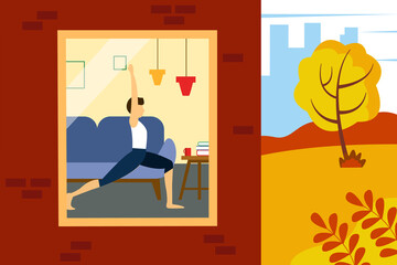 Man doing exercises at home. Illustration of half a house and a street.  illustration in flat style.