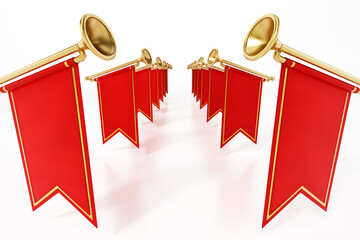 Trumpets with red flags isolated on white background. 3D illustration © Destina