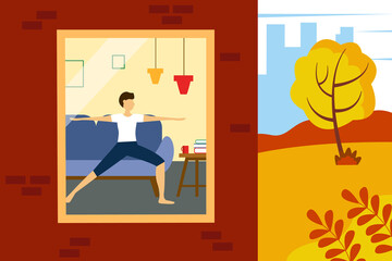 Man doing yoga at home. Illustration of half a house and a street. Vector illustration in flat style.