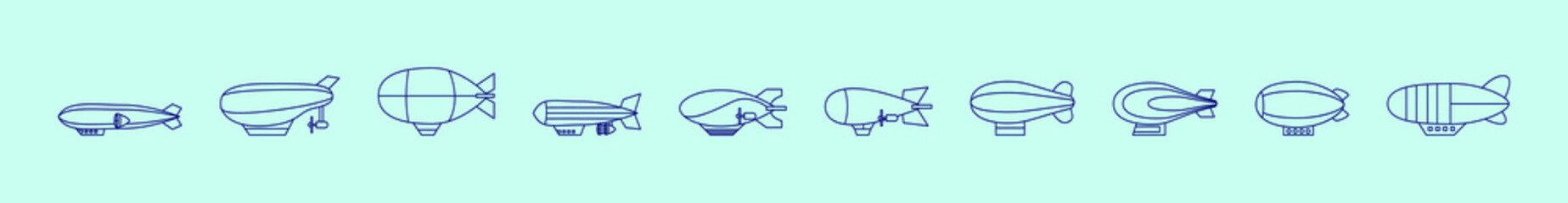 set of dirigible cartoon icon design template with various models. vector illustration isolated on blue background