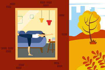 Woman doing exercises at home. Illustration of half a house and a street. Cute illustration in flat style.