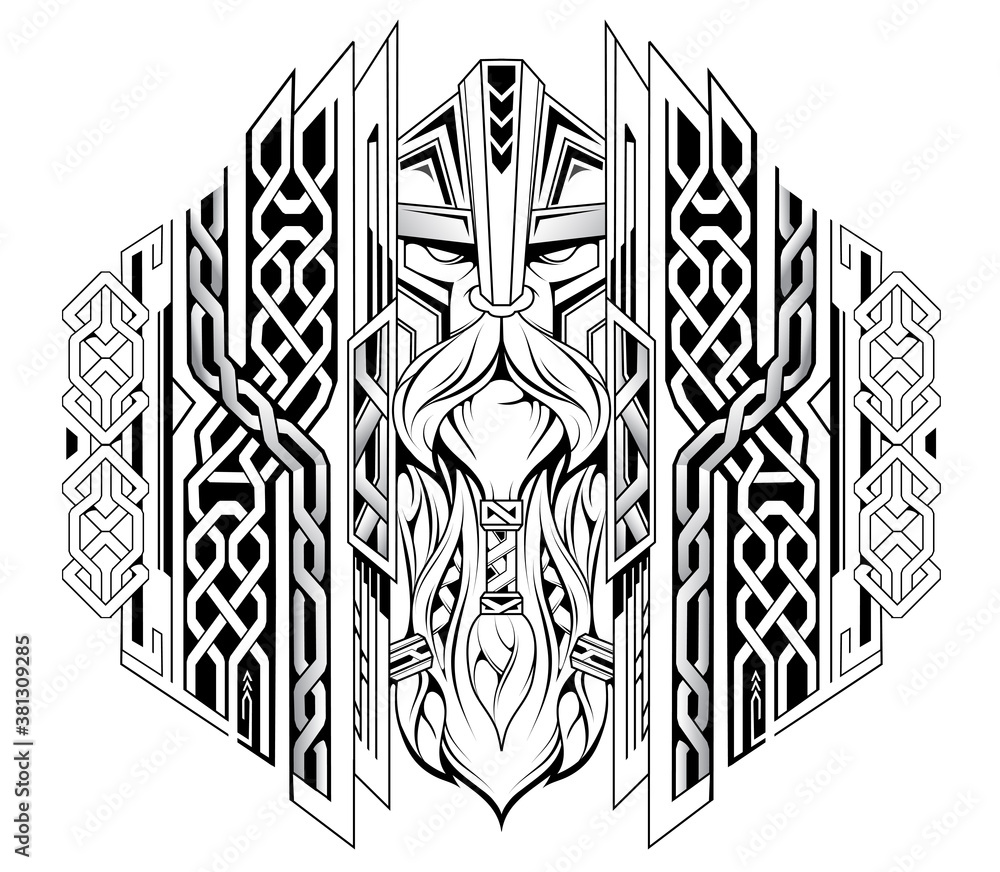 Wall mural viking head with ornaments as tattoo illustration