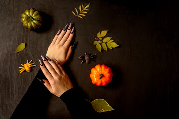 Halloween Nail Art Design, hands and autumn decorations. Flat lay with leaves, pumpkins and...