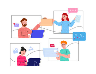 Fototapeta na wymiar Group of Young People Collaboration Work, Online Meeting, Remote Worker Flat Illustration Concept