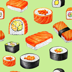 Sushi and rolls hand drawn food seamless pattern asian kitchen. Seafood and assortment of raw fish food, delicious Japanese delicacies collection. Handmade illustration on white background