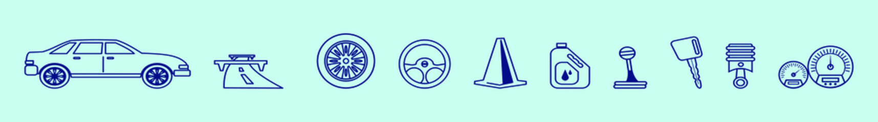 set of car parts cartoon icon design template with various models. vector illustration isolated on blue background