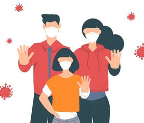 Stop coronavirus. Coronavirus outbreak vector illustratin. Family wearing face mask.