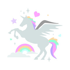 cute grey unicorn cartoon with rainbow and star shape