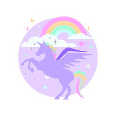 cute purple unicorn cartoon with rainbow and star shape