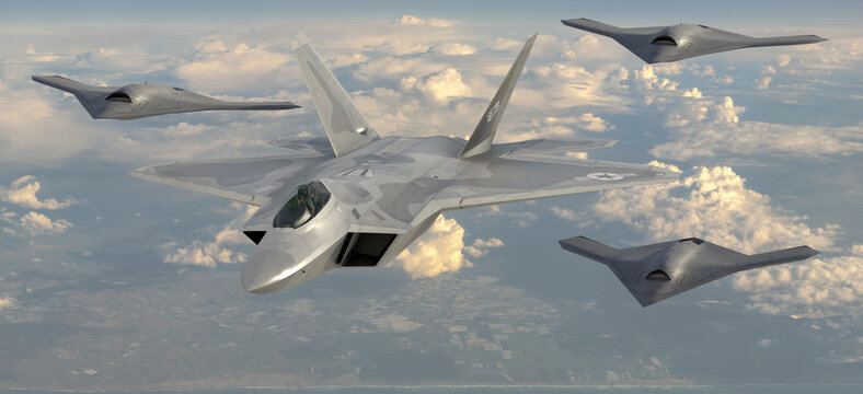 Lockheed Martin F-22 Raptor In A Formation With Combat Drones From The Loyal Wingman Program, Artistic Vision.