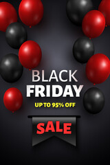 Black friday sale banner with black and red balloons. Vector illustration.