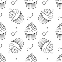 Hand drawn vector graphic black and white cupcakes seamless pattern.