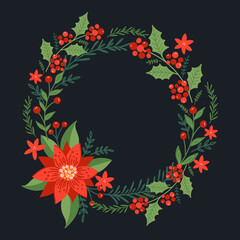 Christmas square wreath with Poinsettia and pine tree branches. Holiday frame.