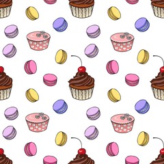 Vector stock seamless pattern with colorful macarons and cupcake on white background