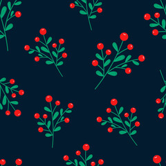 Christmas seamless pattern on pink background with Poinsettia flowers, pine branches and berries. background.